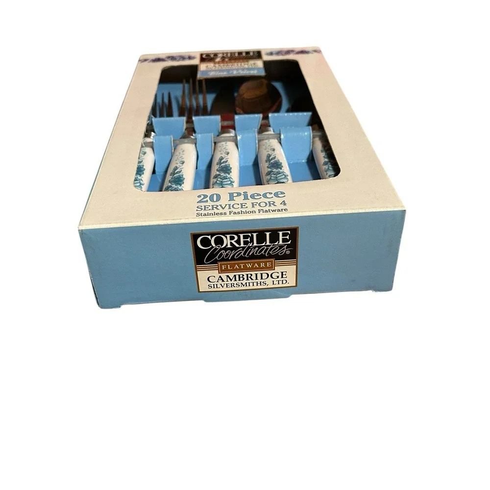 20pc Corelle BLUE VELVET ROSES Cambridge Silversmiths Stainless FLATWARE Set NEW
